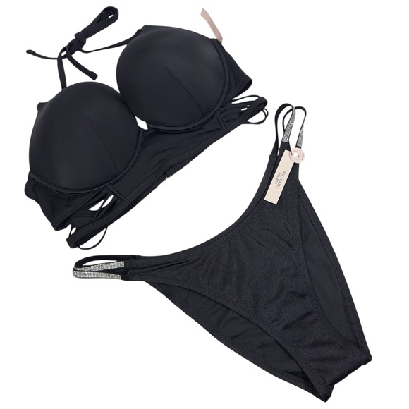 VS Bombshell Bikini Set 38C/XL Brazilian Bottom Rhinestone Strap NWT - Picture 1 of 9